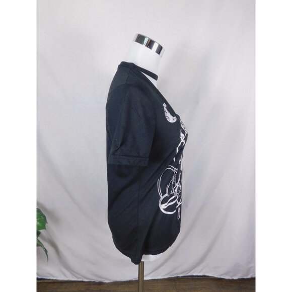 Witchy Gothic Graphic Shirt Womens Medium Black Deep V Cutout Choker Cats Moon - Picture 9 of 12